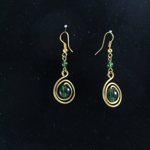 Handmade East African Brass Green Ceramic Beaded Drop Earrings Pair - Picture 2 of 4